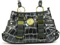 Fashion Handbag in Metallic PVC material with belted accents in the front as well as open pockets on the sides. Double shoulder handle with top zipper closure also.