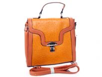 PVC ostrich embossed handbag with metal clasp. Top zipper closing and adjustable shoulder strap.