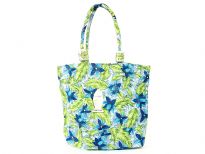 Beach bag embellished with flower and leaf designs.  Made with double shoulder straps.  Made of 100% Cotton. 