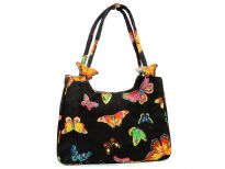 Multi butterfly colored design beach bag made with double shoulder straps and a zipper closure. Made of 100% Cotton.  