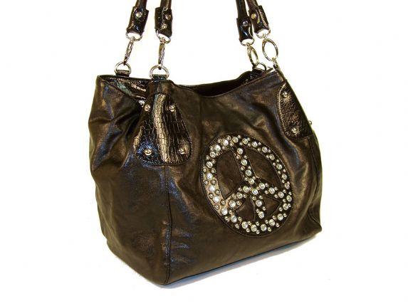 Designer Inspired Peace Sign Rhinestones Pu Handbag#27636-BK