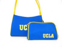UCLA Nylon Collegiate Licensed Tote and Cosmetic bag are made from fabric. The Cosmetic bag has zipper and the Tote has double handle.