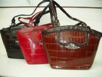 Genuine Leather Handbag with Croco Embossed Pattern. Double long shoulder straps & top zipper closure.