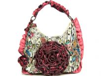 Designer Inspired Snake Print in Multi Colors PVC Hobo Handbag with big floral applique, has a single strap and a zipper closure. Gathered trim borders the handle and the sides of the bag.