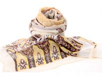 Beautiful printed scarf in beige with gold & coffee colored artistic pattern comprising of paisleys, leaves & flowers. Lightweight & matches with any kind of outfit. 60% polyester and 40% silk. 