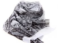 Beautiful printed scarf in white with artistic pattern in black comprising of paisleys, leaves & flowers. Lightweight & matches with any kind of outfit. 60% polyester and 40% silk. Hand wash. 