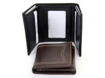 Carry your money in style. This is a genuine leather Tri-fold mens wallet with double bill feature, 6 credit card slots and center picture ID window. Features elegant white stitching on the outside. As this is genuine leather, please be aware that there will be some small creases and nicks in the leather but the wallet are all brand new. 