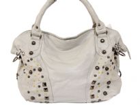PVC Fashion Handbag has a top zipper closure, a double handle, a detachable shoulder strap, and a mix of studded details.
