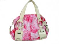 Printed PVC Fashion Handbag has a floral pattern, a double handle, a top zipper closure and fashionable straps.