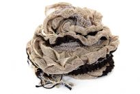 Ruffled & Crinkled 100% Acrylic Scarf in light brown color with contrasting coffee colored stripes running through it vertically. Little fringes on the ends of the scarf. Imported.