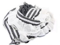 Ruffled & Crinkled 100% Acrylic Scarf in white color with contrasting coffee colored stripes running through it vertically. Little fringes on the ends of the scarf. Imported.