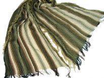 Beige colored viscose scarf with striped pattern in brown & green colors. Little eyelash fringes along the length of scarf and threads like fringe on the width of the scarf. Imported.