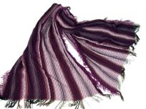 Purple colored viscose scarf with striped pattern in white color. Little eyelash fringes along the length of scarf and threads like at the edges. Imported.
