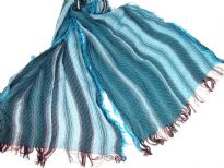 Turquoise colored viscose scarf with striped pattern in brown & white colors. Little eyelash fringes along the length and threads like at the edges of the scarf. Imported.