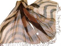 Lightweight Shaded Polyester scarf in shades of brown with black waves over it. Fringes on its ends. Imported.