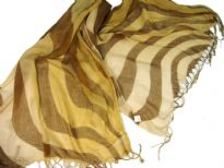 Lightweight Shaded Polyester scarf in shades of gold with brown waves over it. Fringes on its ends. Imported.