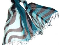 Lightweight Shaded Polyester scarf in shades of Teal Blue with Black waves over it. Fringes on its ends. Imported.