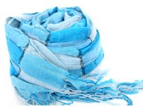Checkered turquoise & sky blue 100% polyester woven scarf which is crinkled as well as stretchable. Silver lining running through the scarf vertically. Twisted fringes on its ends. Hand wash. Imported.