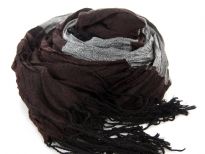Crinkled Polyester Scarf with Alternating Coffee & Gray colors horizontally. Small diamond pattern all over it. Twisted long fringes in black on its ends. Can be teamed up with a formal or casual attire. Imported. Hand wash.