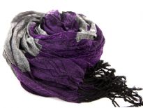 Crinkled Polyester Scarf with Alternating Purple & Gray colors horizontally. Small diamond pattern all over it. Twisted long fringes in black on its ends. Can be teamed up with a formal or casual attire. Imported. Hand wash.