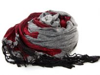 Crinkled Polyester Scarf with Alternating Burgundy & Gray colors horizontally. Small diamond pattern all over it. Twisted long fringes in black on its ends. Can be teamed up with a formal or casual attire. Imported. Hand wash.