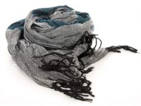 Crinkled Polyester Scarf with Alternating Teal & Gray colors horizontally. Small diamond pattern all over it. Twisted long fringes in black on its ends. Can be teamed up with a formal or casual attire. Imported. Hand wash. 