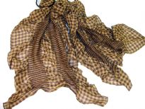 This checkered print 100% polyester scarf in shades of brown can be a perfect accessory all year round. The scarf is stretched in the middle with a striped pattern & gives a ruffled look. Imported.