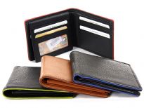 Carry your money in style. This is a superior quality genuine leather bi-fold men wallet. It has 8 credit card slots and 1 ID window on the left (lift-up) flap. Different colors represent the colors of the borders/edges. As this is genuine leather, please be aware that there will be some small creases and nicks in the leather but the wallet are all brand new. 