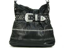 Rhinestones Buckle around the neck of this bag & also on the body of bag. Broad single shoulder strap. Imported.