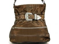 Rhinestones Belt Fashion Handbag has studded details, a top zipper closure and a single shoulder strap. Made of faux leather.