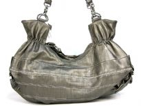 Fashion hobo bag has a stripes pattern, a top zipper closure and a double handle. Made of PVC.
