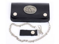 Genuine leather western style bi-fold bikers wallet includes 17 inches long chain.