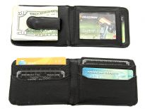 Carry your money in style. This is a leather (man-made) mens wallet featuring 9 credit card slots, one ID window outside and money clip feature. As this is genuine leather, please be aware that there will be some small creases and nicks in the leather but the wallet are all brand new. 
