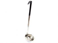 One piece stainless steel 6 Oz. measuring ladle, Black. Made in India.Thickness: 0.9 mmWeight: 127 gms.Length: 14 inches