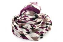 Rhombus print in wine & pastel shades spans across this lightweight & soft to use polyester scarf which has wine border all around. Eyelash fringe along the longer side decorates this scarf. 