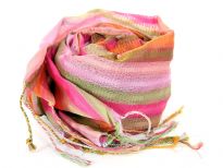 Multi Colored Stripes in shades of fuchsia, green, pink, orange colors spread over this lightweight & long scarf. Stitches like embroidery all along the stripes decorates this little shiny 100% polyester scarf. Long twisted fringes on its ends. Imported. Hand wash.