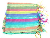 Stripes in multi colors galore over this shiny polyester scarf which also has lines of translucent sequins towards its ends. Thin fringes on its ends completes this 100% polyester scarf. Hand wash. Imported.