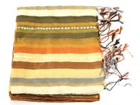 Stripes in shades of peach, olive & bronze colors galore over this shiny polyester scarf which also has lines of translucent sequins towards its ends. Thin fringes on its ends completes this 100% polyester scarf. Hand wash. Imported.