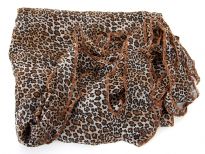 This leopard print 100% polyester scarf can add style to any kind of outfit during day or night. Asymmetrical ends with leaves like cut-out pattern. Very big in size so can be used in multiple ways as a cover-up, shawl or simply as a scarf. Imported.