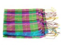 Green & Fuchsia plaids amalgamate over this 100% polyester scarf which has turquoise border along its length. Thin golden stripes run vertically over this sheer scarf. Thin twisted fringes on its edges. Imported. 