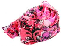 Floral print lightly textured scarf in shades of pink & black can enliven any kind of outfit. Can be used in multiple ways all year around. 100% polyester. Imported. Hand wash.