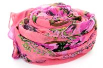 Unique patterned floral pink 100% polyester scarf. Hand wash. Imported. 