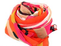 This Orange & Fuchsia 100% Polyester scarf has stripes & dots print in different arrays in shades of black, white & gold colors. Almost in a square shape this big scarf can be used in any possible way - a shawl, a sarong, a chunky scarf around neck etc. Imported. Hand Wash. 