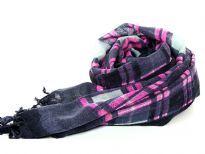 Checkered print 100% wool scarf in Navy, Fuchsia & Grey colors with hanging tussels at the ends of the scarf. Imported. Hand wash.