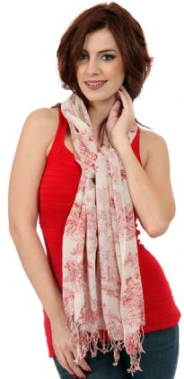 Red & White Garden Inspired Wool Scarf with Roman figures sitting under trees print. Twisted fringes at the edges.