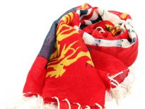 This wool scarf celebrates the Queens Diamond Jubilee Celebrations 2012 with text written, British flags & lions print. Red, blue, white & yellow colors decorates this 100% wool scarf which is Imported & should be hand washed.