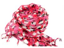 This vibrant fuchsia & cream colored boxy print 100% wool scarf has little horses running all over it. Twisted fringe dangles from the ends of the scarf. Imported. Hand wash.