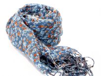 Light blue & orange colored miniature flowers blooms over this 100% wool weave of blue colored scarf finished with long twisted fringe at its ends. Imported. Dry clean only.