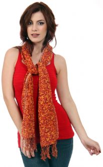 A garden of miniature red & yellow flowers blooms on this 100% wool weave of warm colored scarf finished with long twisted fringe at its ends. Imported. Dry clean only.