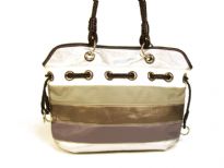 Designer Inspired Multi- Toned Stripes Handbag with single strap and drawstring detail. Zipper closure. Made of faux leather.